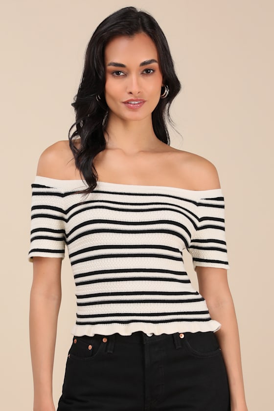 Lulus Erela Cream And Black Striped Off-the-shoulder Sweater Top In Black