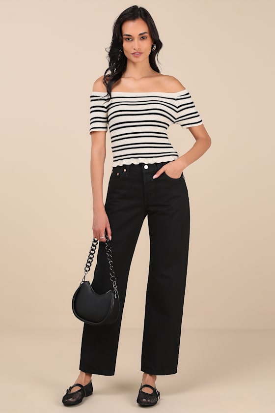 Lulus Erela Cream And Black Striped Off-the-shoulder Sweater Top In Black