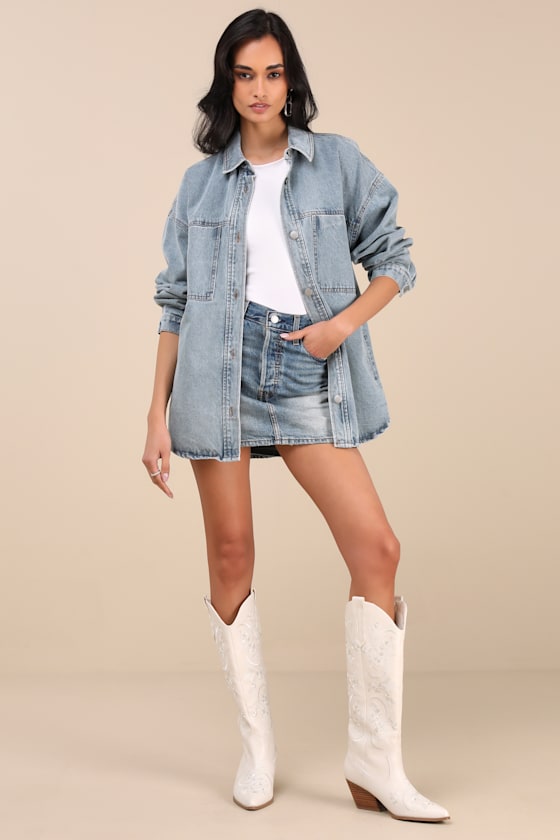 Lulus Callahan Light Wash Denim Oversized Shacket In Blue