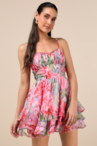 Evonne Pink Abstract Floral Tiered Mini Skater Dress