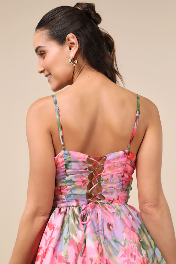 Lulus Evonne Pink Abstract Floral Tiered Mini Skater Dress In Pink