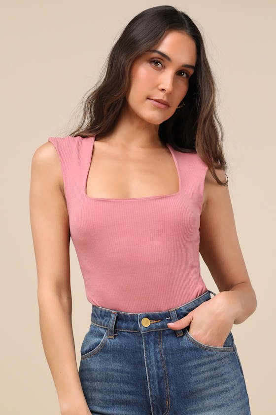 LULUS SWEET CRUSH MAUVE PINK RIBBED SQUARE NECK BODYSUIT