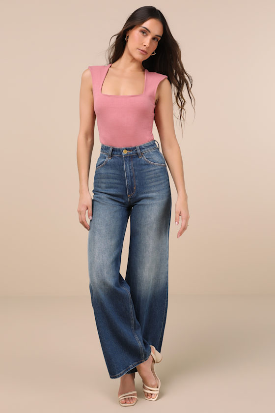 LULUS SWEET CRUSH MAUVE PINK RIBBED SQUARE NECK BODYSUIT