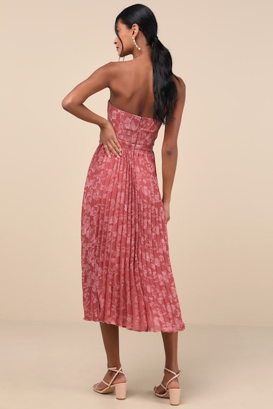 Lulus Perfectly Stunning Rusty Rose Jacquard Strapless Midi Dress In Pink