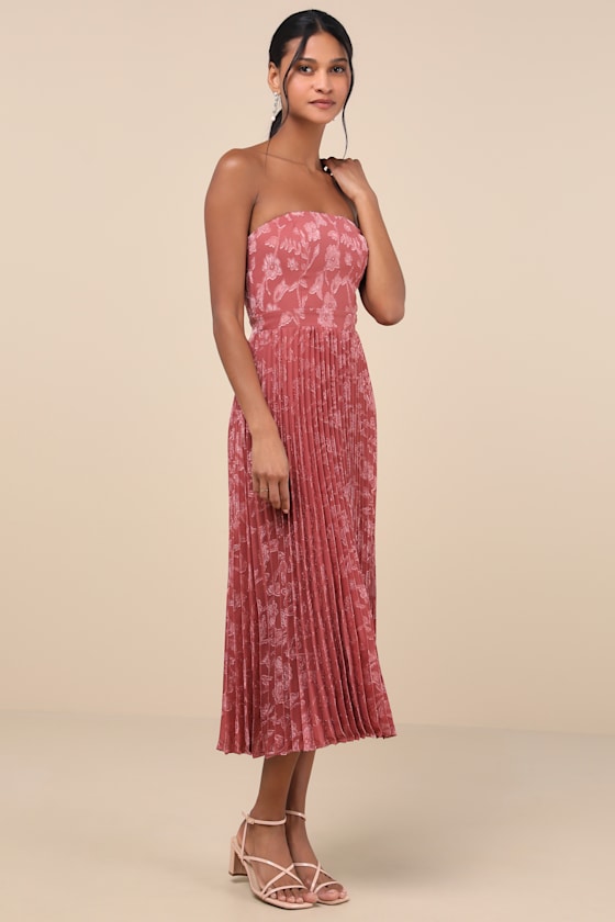 Lulus Perfectly Stunning Rusty Rose Jacquard Strapless Midi Dress In Pink
