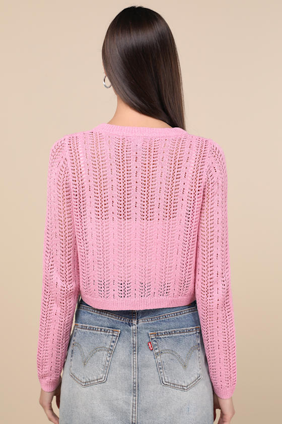 Lulus Alwilda Pink Pointelle Knit Tie-front Cardigan Sweater Top In Pink