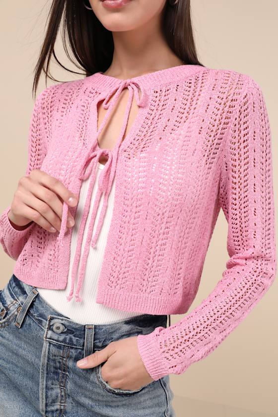 Lulus Alwilda Pink Pointelle Knit Tie-front Cardigan Sweater Top In Pink