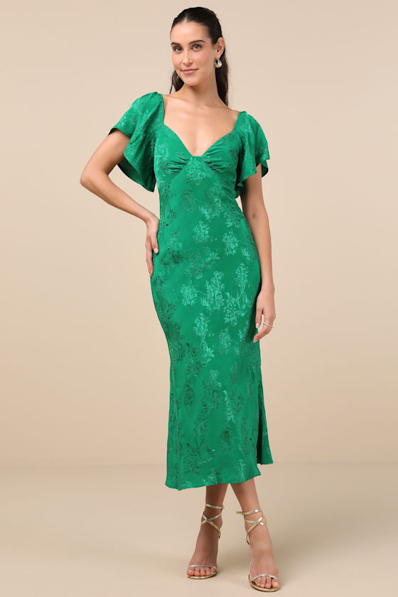 LULUS EFFERVESCENT AFTERNOON GREEN SATIN FLUTTER SLEEVE MIDI DRESS