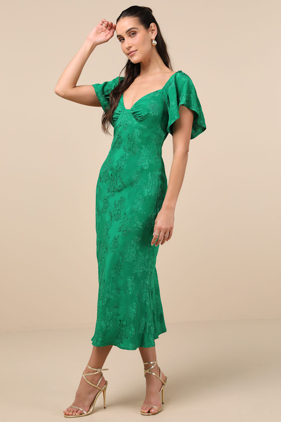LULUS EFFERVESCENT AFTERNOON GREEN SATIN FLUTTER SLEEVE MIDI DRESS