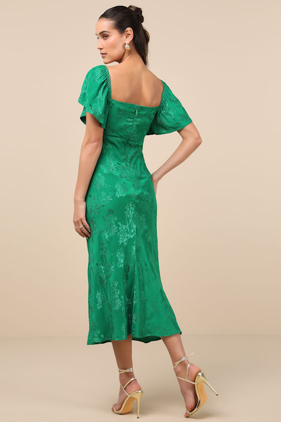 LULUS EFFERVESCENT AFTERNOON GREEN SATIN FLUTTER SLEEVE MIDI DRESS