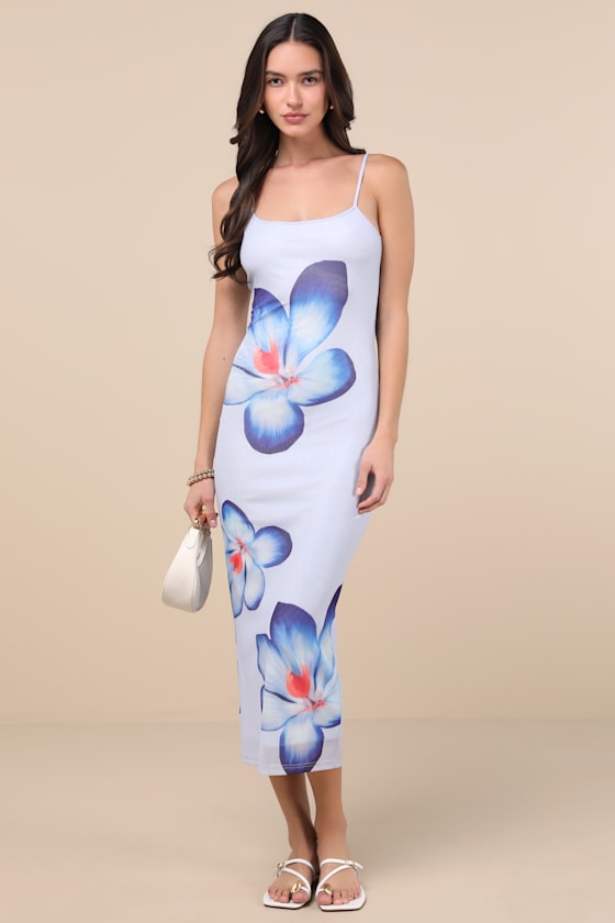 Lulus Graciela Periwinkle Floral Mesh Bodycon Midi Dress In Blue