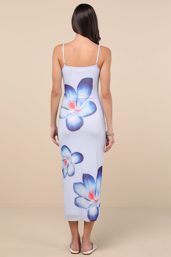 Lulus Graciela Periwinkle Floral Mesh Bodycon Midi Dress In Blue
