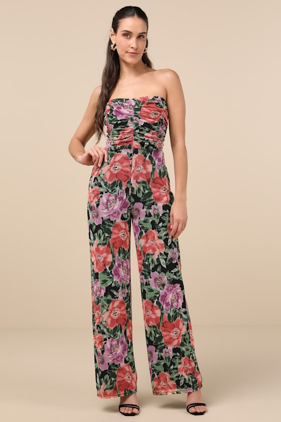 Lulus Layka Black Multi Floral Mesh Wide-leg Jumpsuit In Black