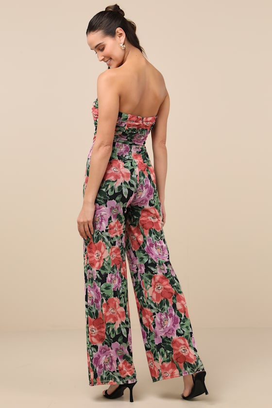 Lulus Layka Black Multi Floral Mesh Wide-leg Jumpsuit In Black