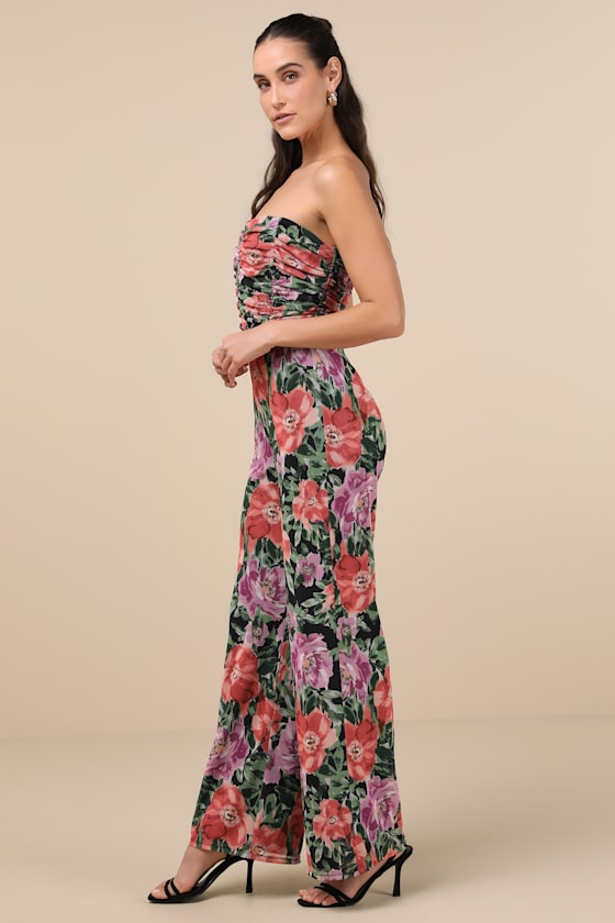 Lulus Layka Black Multi Floral Mesh Wide-leg Jumpsuit In Black