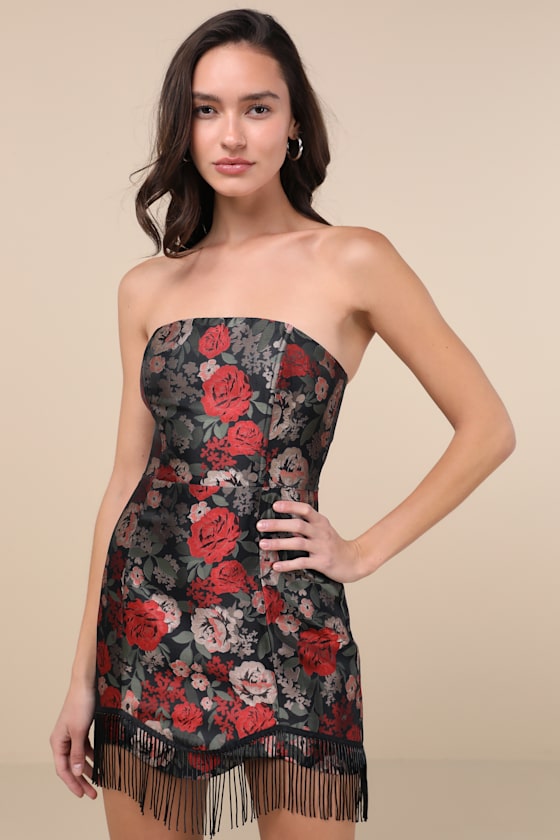 Lulus Wyla Black Multi Floral Jacquard Fringe Mini Dress In Black