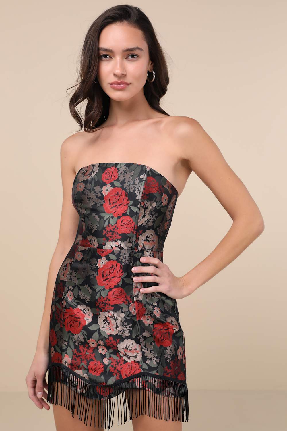 Wyla Black Multi Floral Jacquard Fringe Mini Dress
