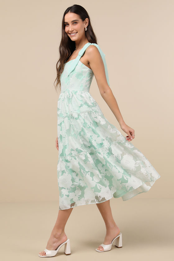 Lulus Proof Of Perfection Mint Green Floral Tiered Tie-strap Midi Dres In Mint Green