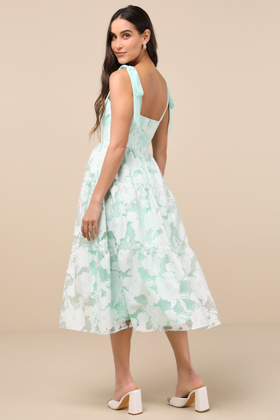 Lulus Proof Of Perfection Mint Green Floral Tiered Tie-strap Midi Dres In Mint Green
