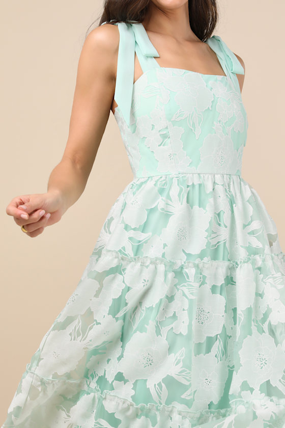 Lulus Proof Of Perfection Mint Green Floral Tiered Tie-strap Midi Dres In Mint Green