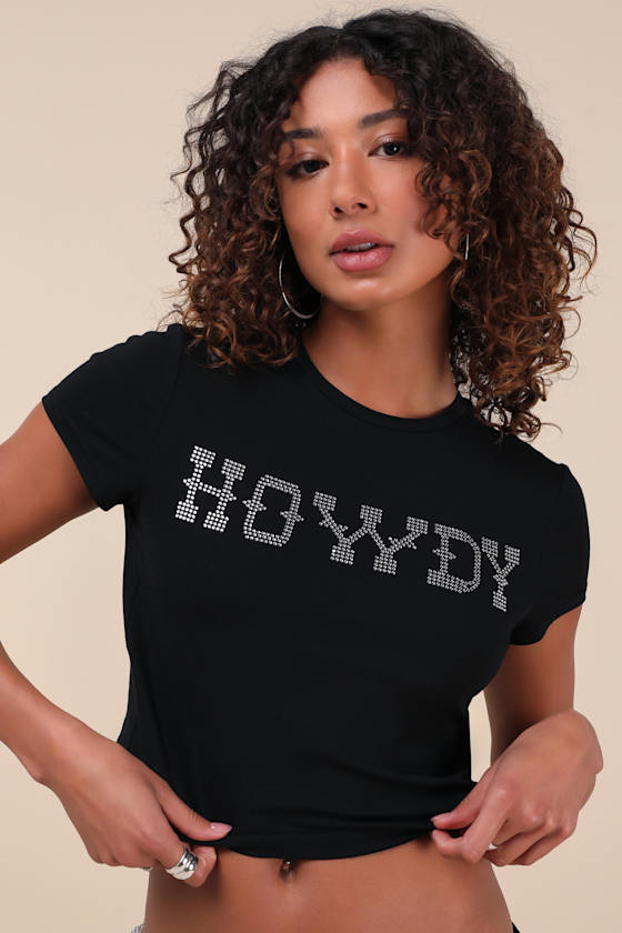 Black Rhinestone Baby Tee - Howdy Graphic Tee - Black Baby