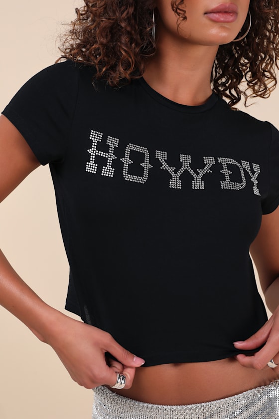 Lulus Kassidy Black Rhinestone Graphic Baby Tee In Black