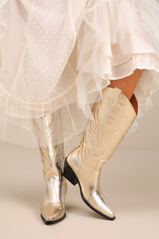 Billini Everlyn Gold Metallic Knee-high Western Boots In Gold