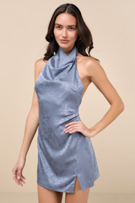 Simply a Stunner Slate Blue Cowl Backless Mini Dress