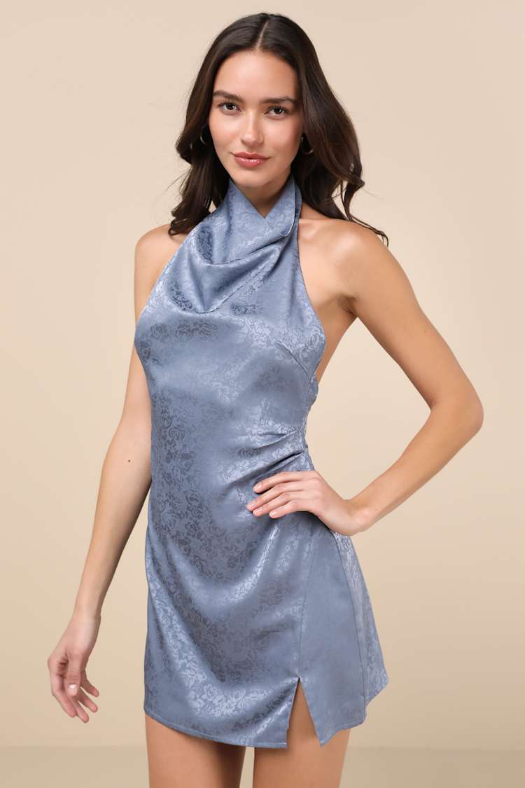 Blue Jacquard Dress - Satin Cowl Dress - Backless Mini Dress - Lulus Blue Jacquard Dress - Satin Cowl Dress - Backless Mini Dress - Lulus