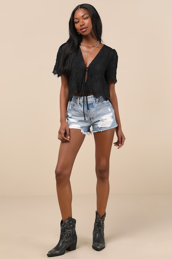 Black Embroidered Top - Tie-Front Top - Cute Fringe Hem Top - Lulus