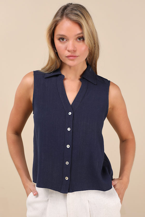 LULUS CASUAL CONTENTMENT NAVY LINEN BUTTON-UP COLLARED TANK TOP