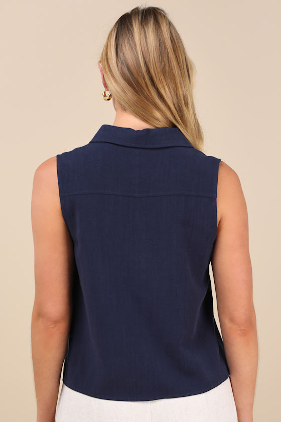 LULUS CASUAL CONTENTMENT NAVY LINEN BUTTON-UP COLLARED TANK TOP