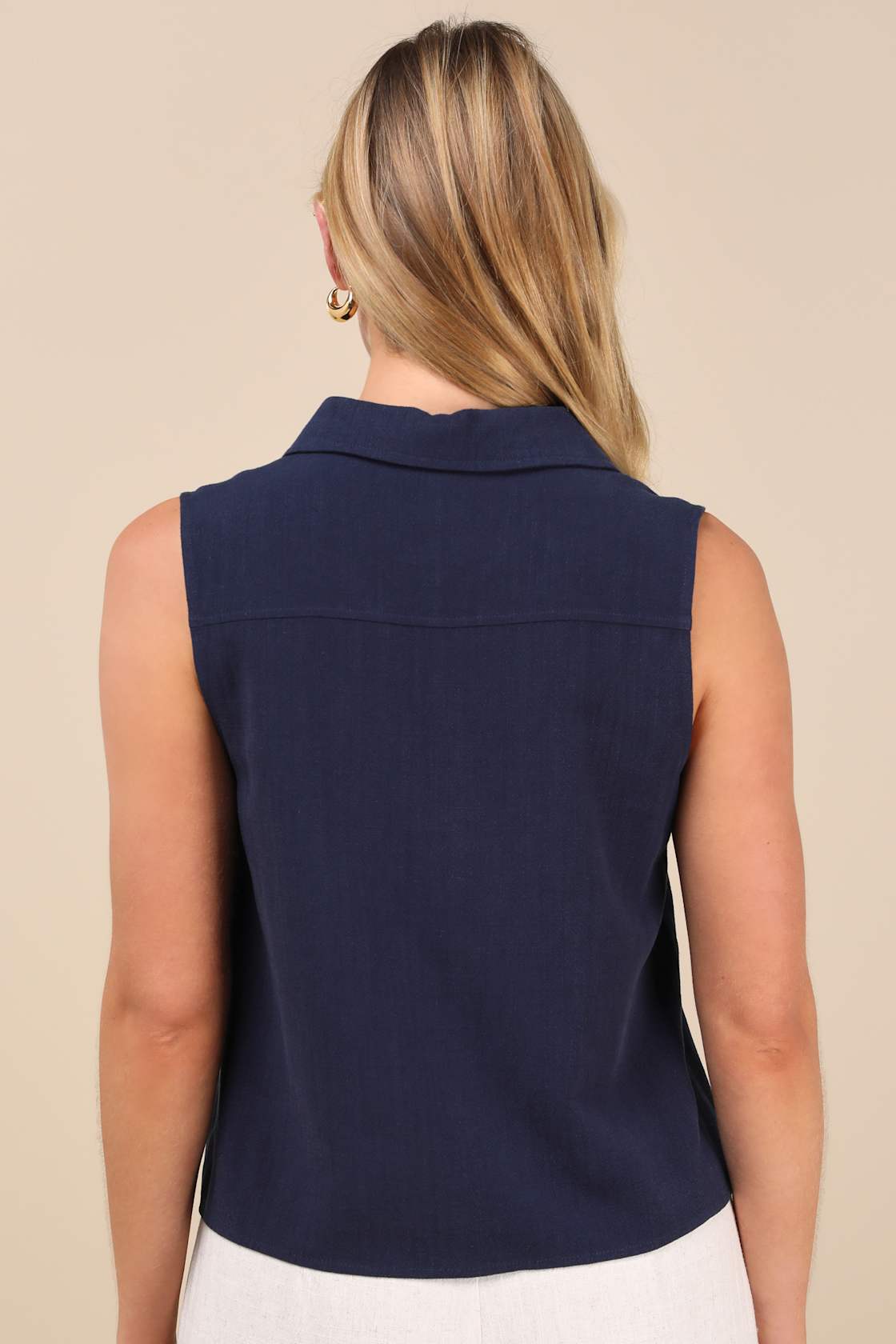 Casual Contentment Navy Linen Button-Up Collared Tank Top
