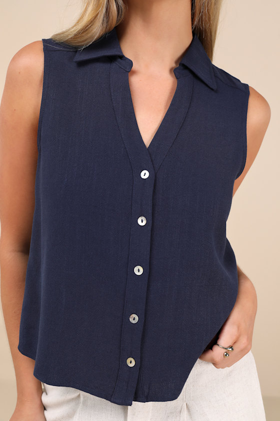 LULUS CASUAL CONTENTMENT NAVY LINEN BUTTON-UP COLLARED TANK TOP