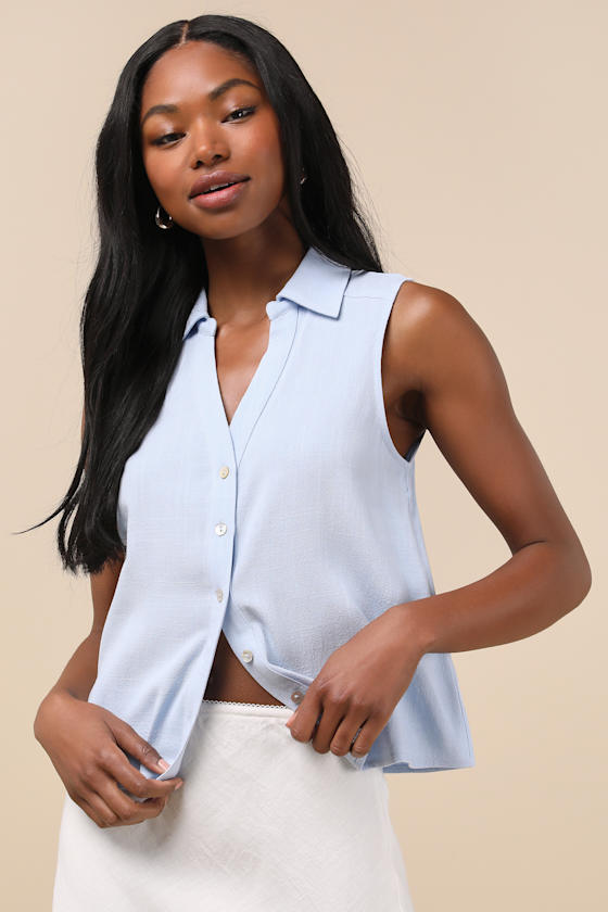 LULUS CASUAL CONTENTMENT LIGHT BLUE LINEN BUTTON-UP COLLARED TANK TOP