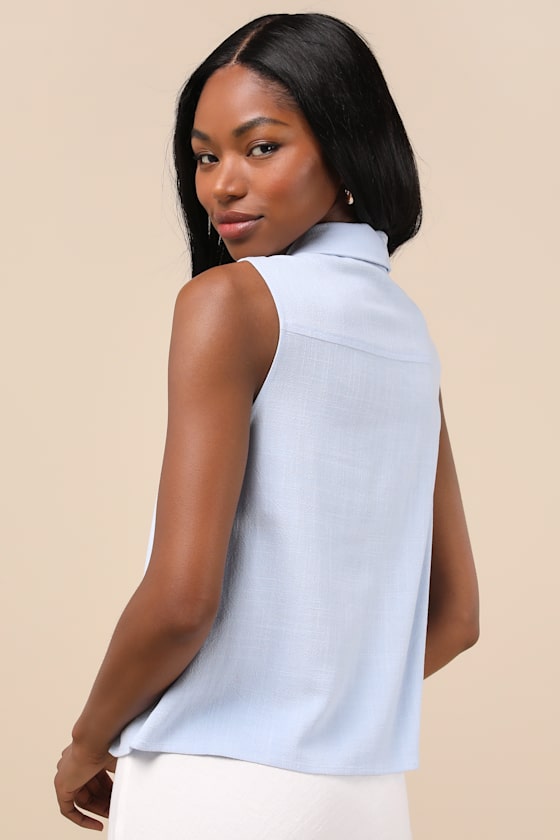 LULUS CASUAL CONTENTMENT LIGHT BLUE LINEN BUTTON-UP COLLARED TANK TOP