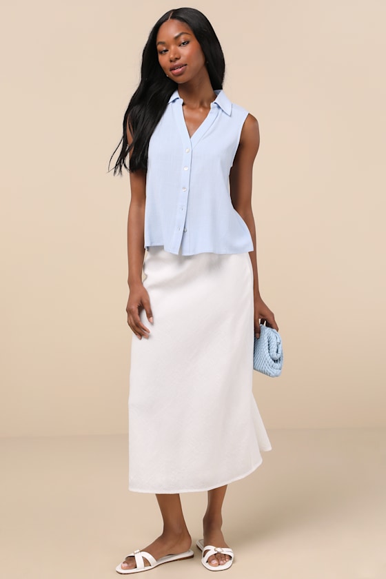 LULUS CASUAL CONTENTMENT LIGHT BLUE LINEN BUTTON-UP COLLARED TANK TOP