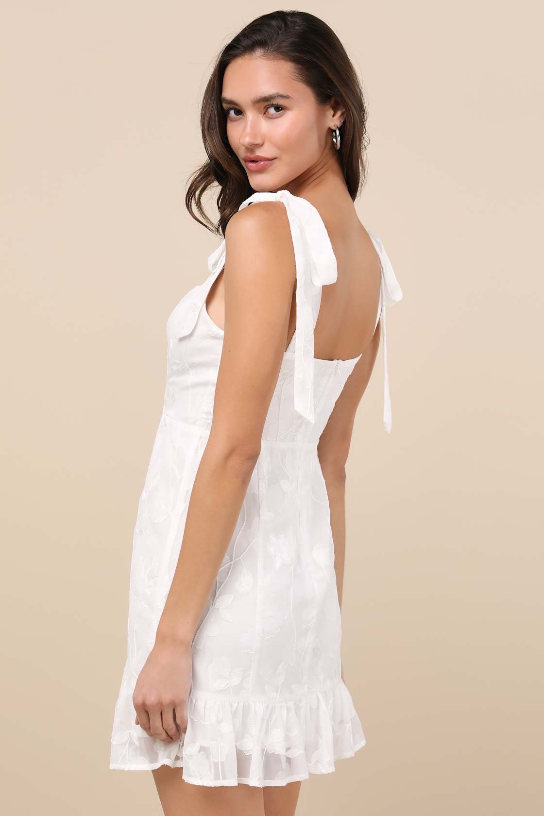 No One Prettier White Floral Embroidered Tie-Strap Mini Dress