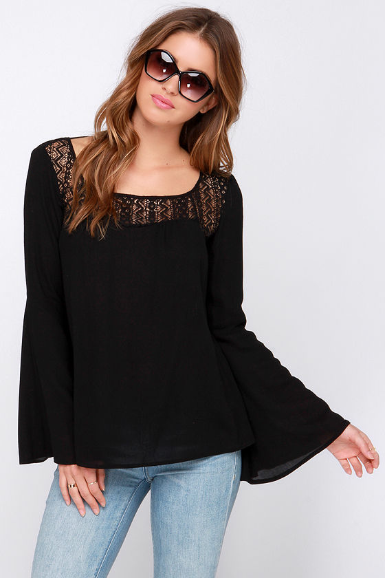Lovely Black Top - Lace Top - Long Sleeve Top - Bell Sleeve Top - $49. ...