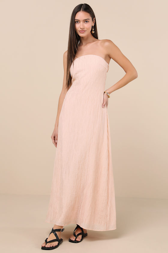 Lulus Radiant Season Peach Pink Plisse Cutout Strapless Maxi Dress In Peach