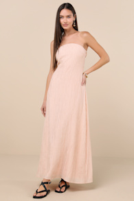 Radiant Season Peach Pink Plisse Cutout Strapless Maxi Dress