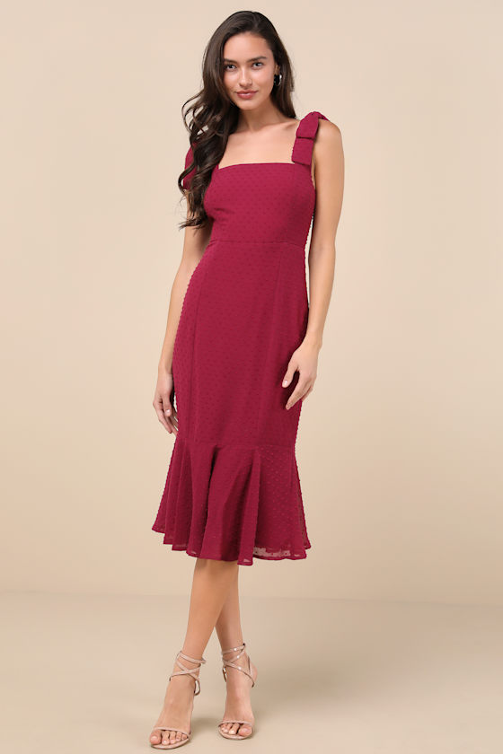 Lulus Bimini Dark Wine Red Swiss Dot Tie-strap Midi Dress In Wine Red