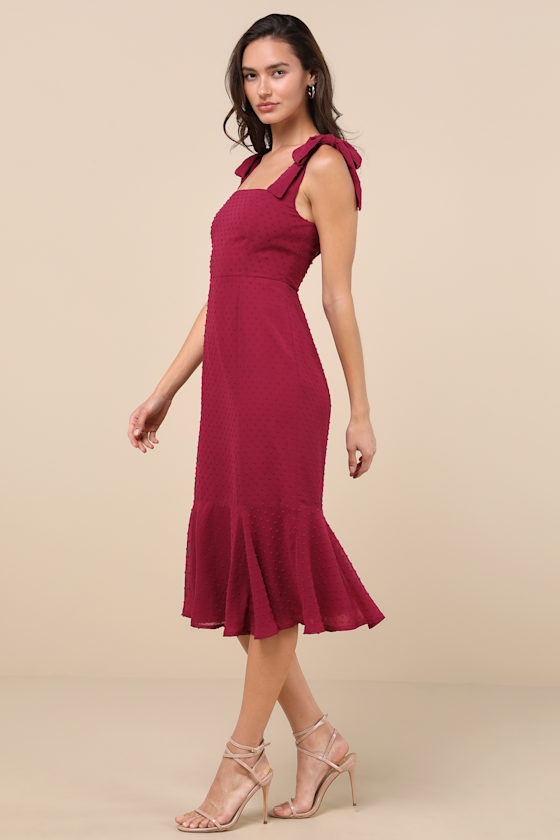 Lulus Bimini Dark Wine Red Swiss Dot Tie-strap Midi Dress In Wine Red