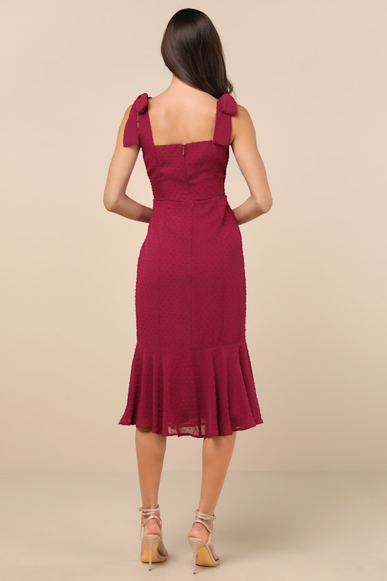 Lulus Bimini Dark Wine Red Swiss Dot Tie-strap Midi Dress In Wine Red