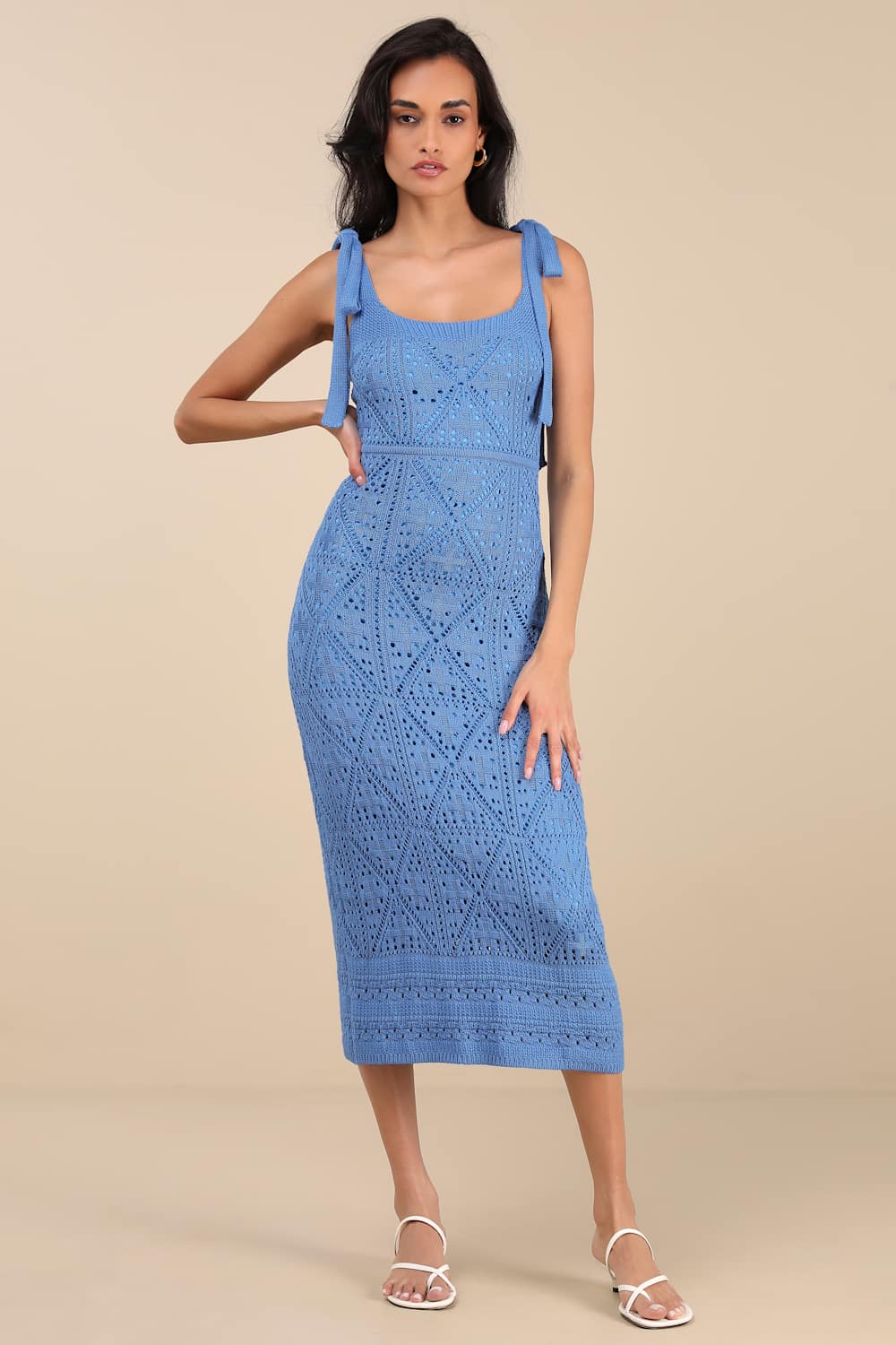 Adorable Darling Blue Crochet Tie-Strap Midi Dress