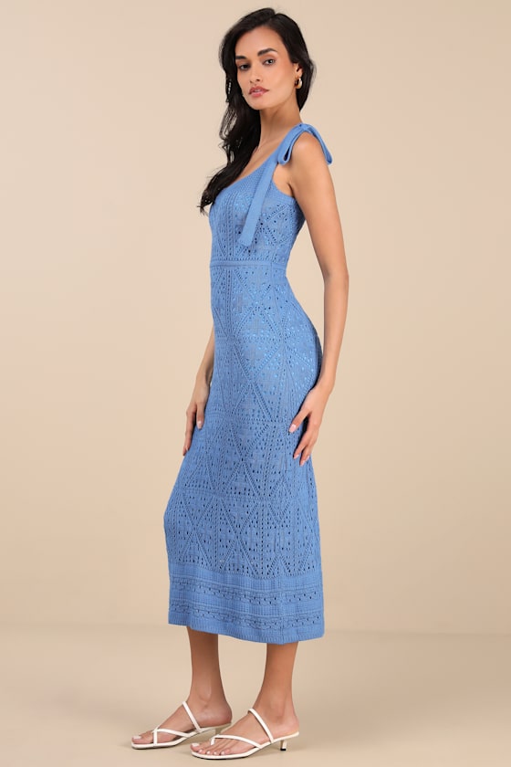 Image of Adorable Darling Blue Crochet Tie-Strap Midi Dress