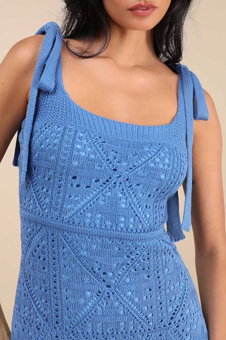Adorable Darling Blue Crochet Tie-Strap Midi Dress