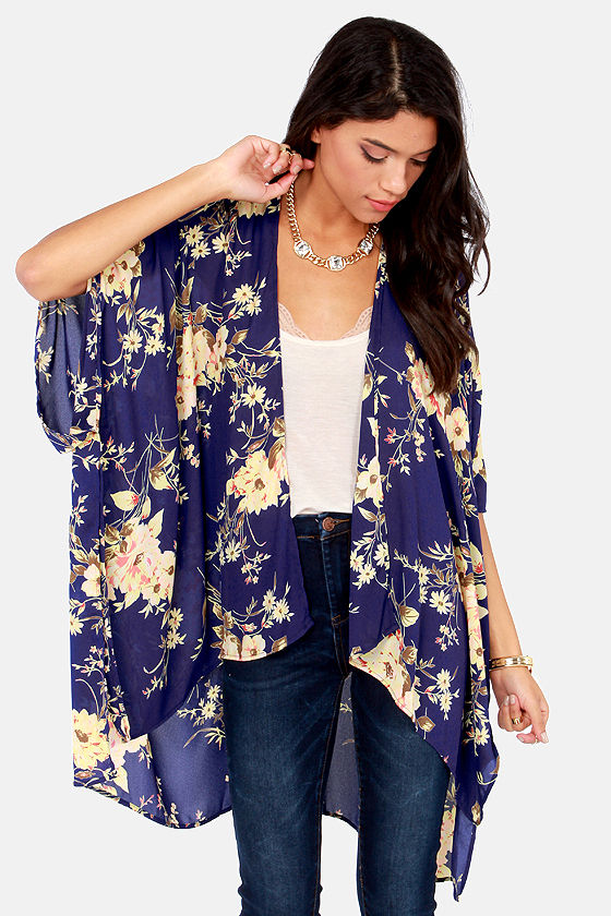 Cute Kimono Jacket Floral Print Jacket Floral Print Kimono Blue