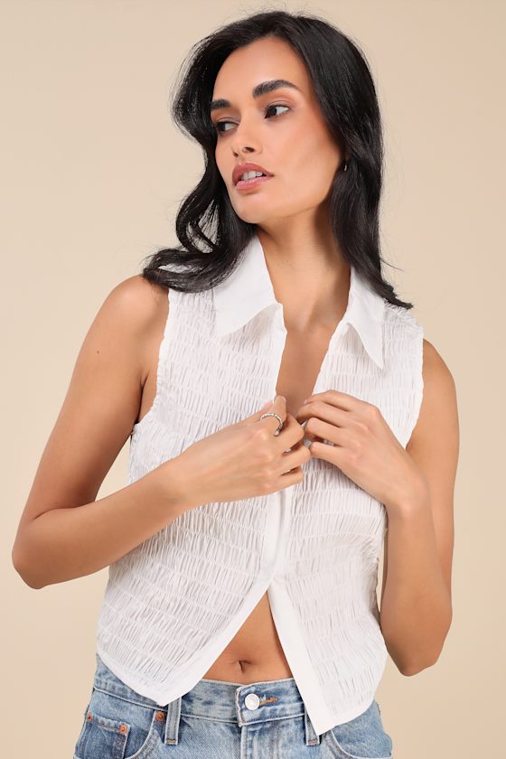 Lulus Ellema White Textured Sleeveless Collared Top In White