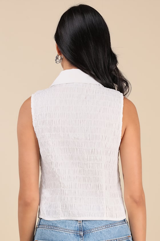 Lulus Ellema White Textured Sleeveless Collared Top In White